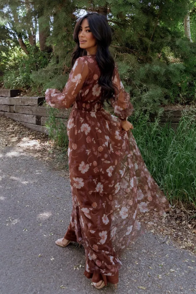 Layla Tulle Maxi Dress Chestnut Floral Women Baltic Born Wedding Guest