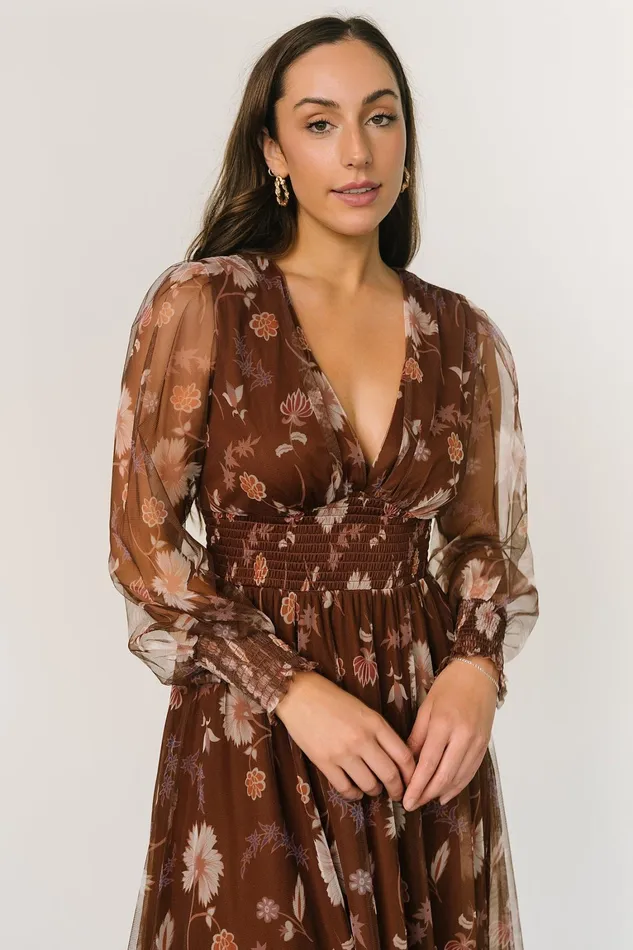 Layla Tulle Maxi Dress Chestnut Floral Women Baltic Born Wedding Guest