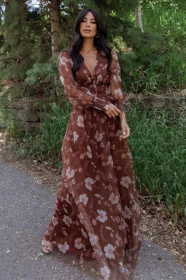 Layla Tulle Maxi Dress Chestnut Floral Women Baltic Born Wedding Guest