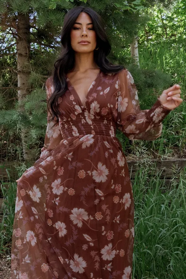 Layla Tulle Maxi Dress Chestnut Floral Women Baltic Born Wedding Guest