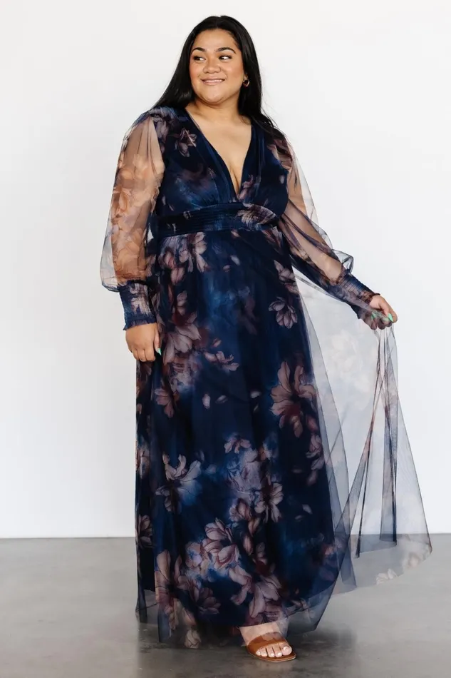 Layla Tulle Maxi Dress Dark Blue Floral Women Baltic Born Bump Friendly
