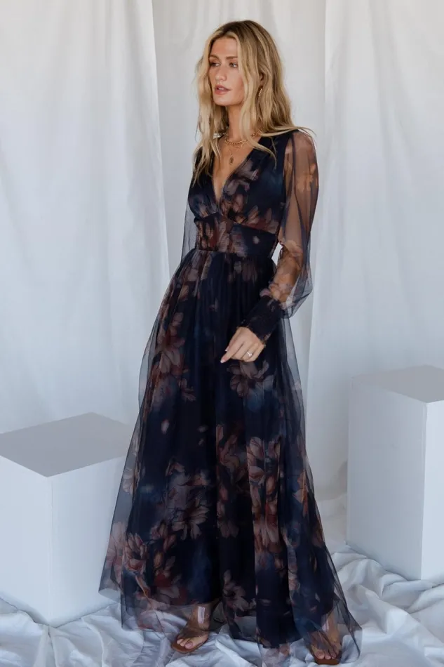 Layla Tulle Maxi Dress Dark Blue Floral Women Baltic Born Bump Friendly