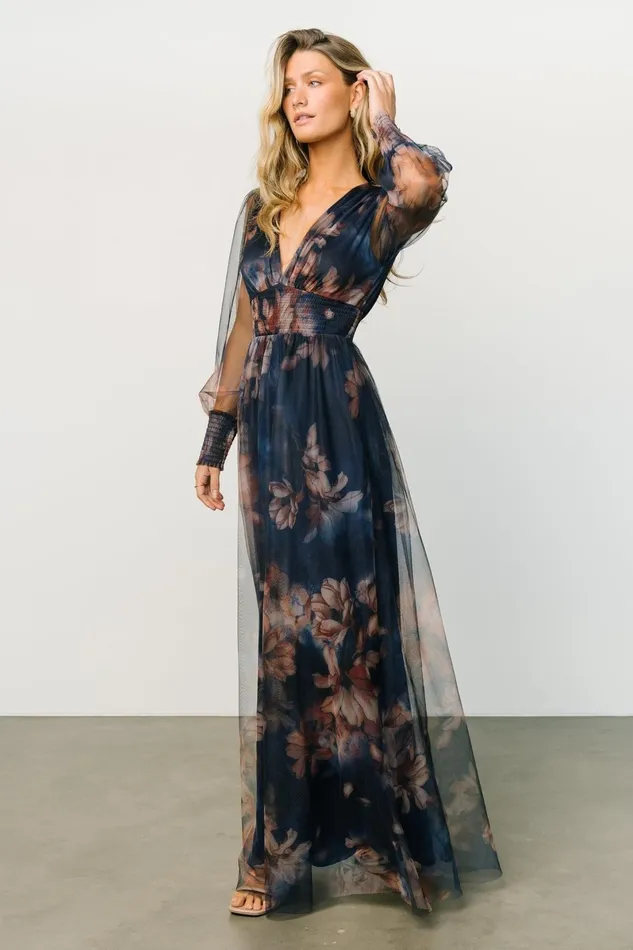 Layla Tulle Maxi Dress Dark Blue Floral Women Baltic Born Bump Friendly