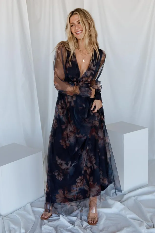 Layla Tulle Maxi Dress Dark Blue Floral Women Baltic Born Bump Friendly