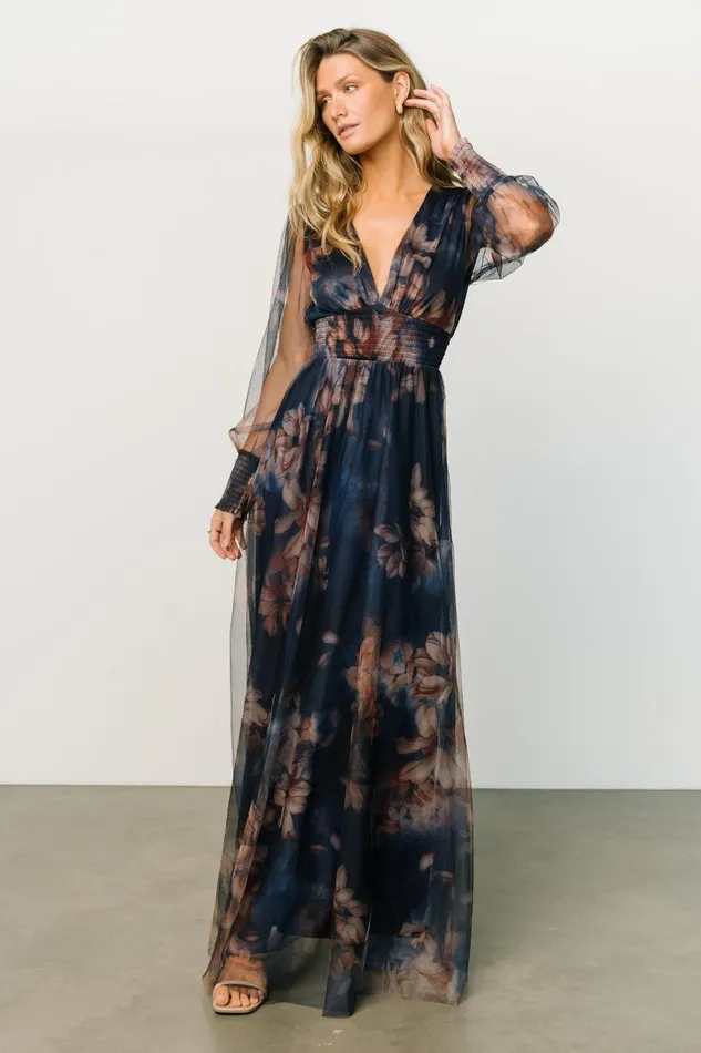 Layla Tulle Maxi Dress Dark Blue Floral Women Baltic Born Bump Friendly