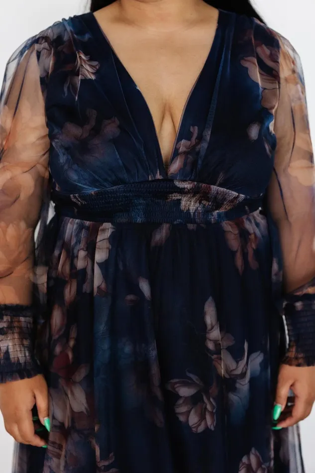 Layla Tulle Maxi Dress Dark Blue Floral Women Baltic Born Bump Friendly