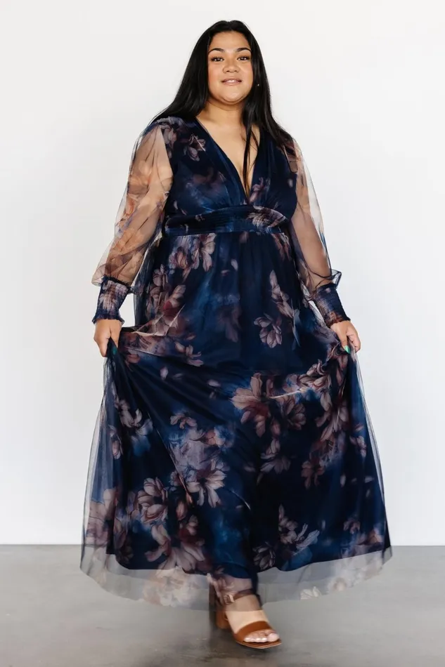 Layla Tulle Maxi Dress Dark Blue Floral Women Baltic Born Bump Friendly