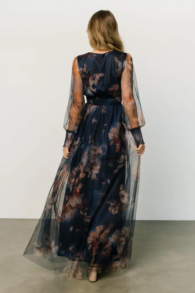 Layla Tulle Maxi Dress Dark Blue Floral Women Baltic Born Bump Friendly