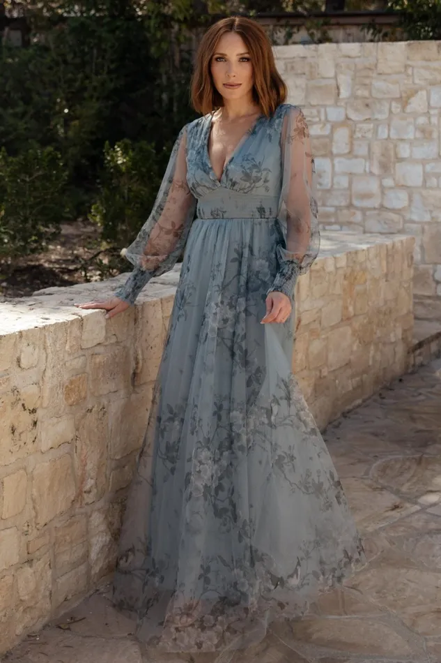 Layla Tulle Maxi Dress Dusty Blue Floral Women Baltic Born Wedding Guest