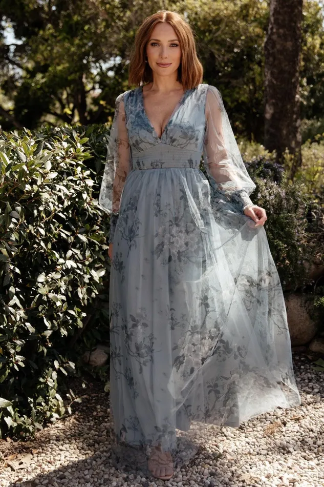 Layla Tulle Maxi Dress Dusty Blue Floral Women Baltic Born Wedding Guest