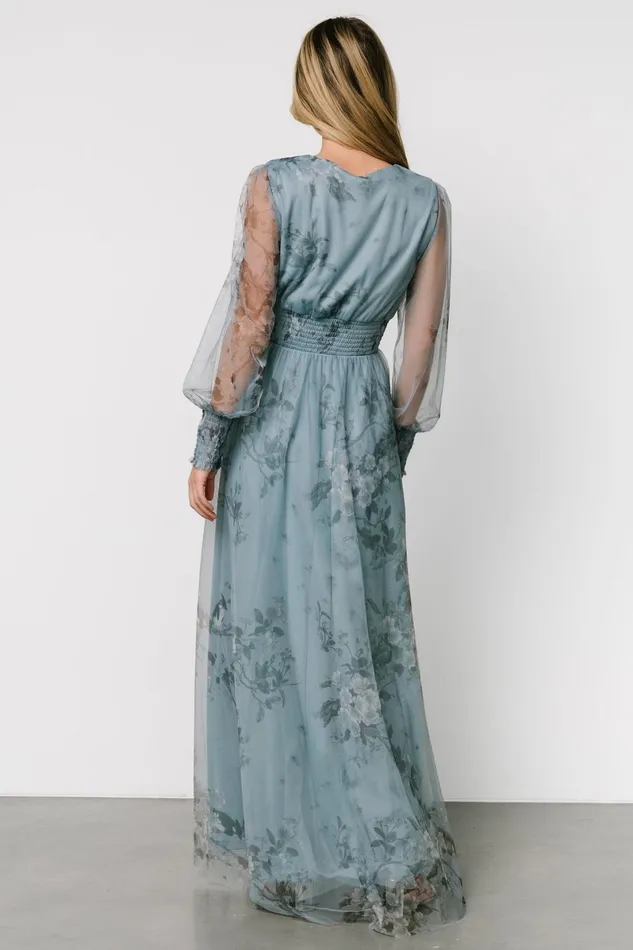 Layla Tulle Maxi Dress Dusty Blue Floral Women Baltic Born Wedding Guest