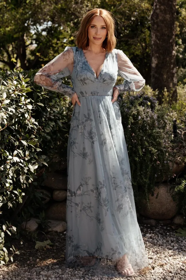 Layla Tulle Maxi Dress Dusty Blue Floral Women Baltic Born Wedding Guest