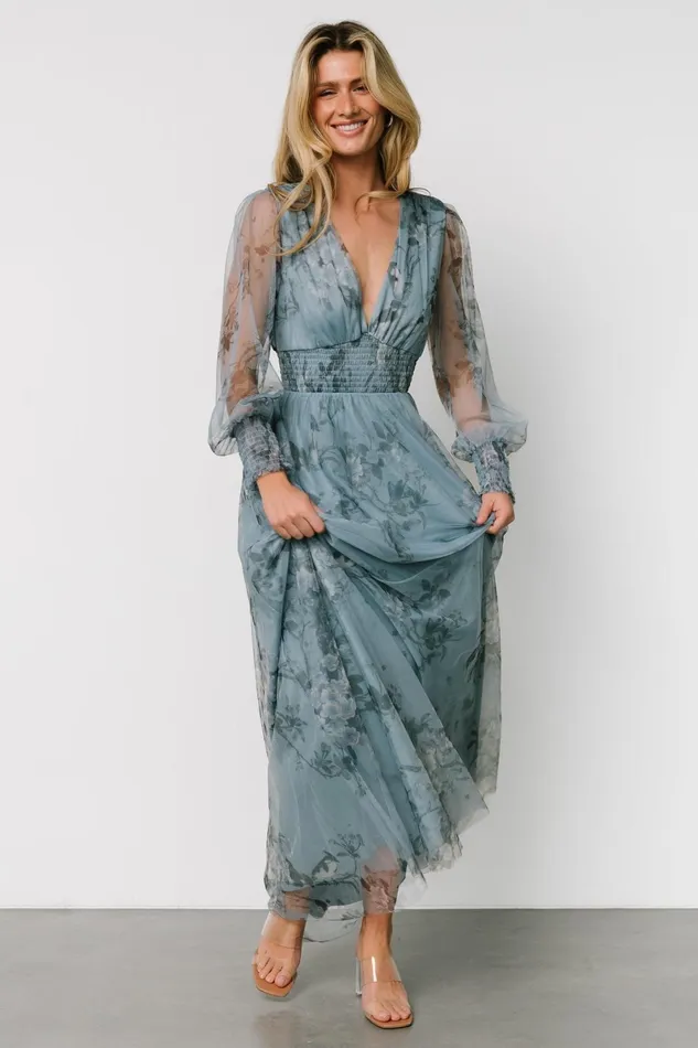 Layla Tulle Maxi Dress Dusty Blue Floral Women Baltic Born Wedding Guest