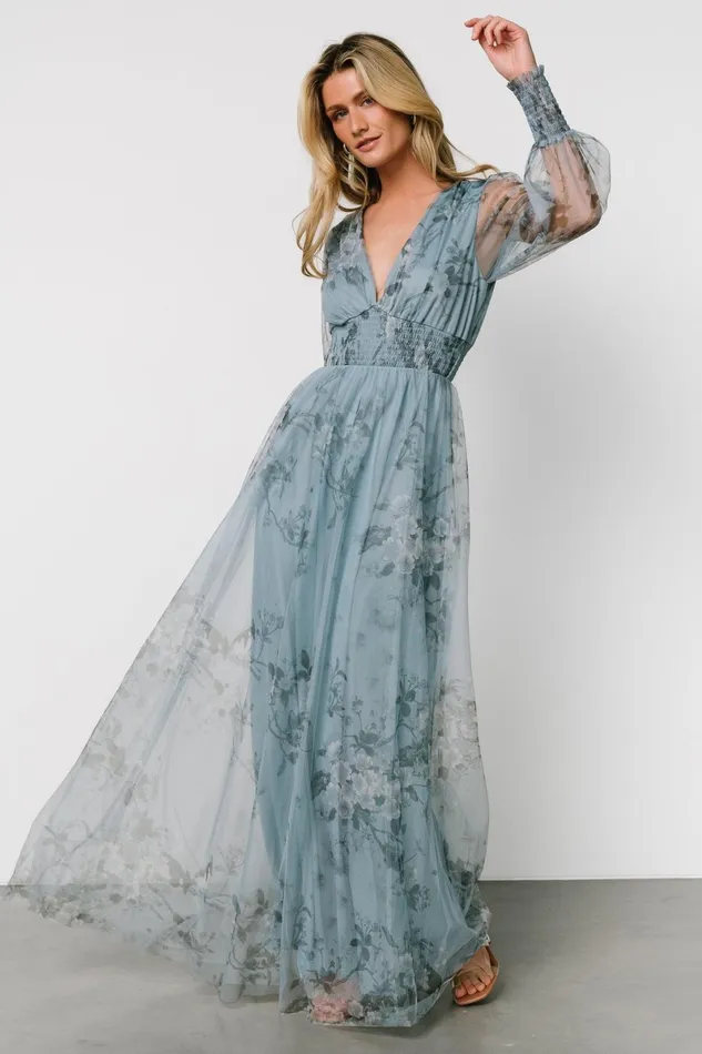 Layla Tulle Maxi Dress Dusty Blue Floral Women Baltic Born Wedding Guest