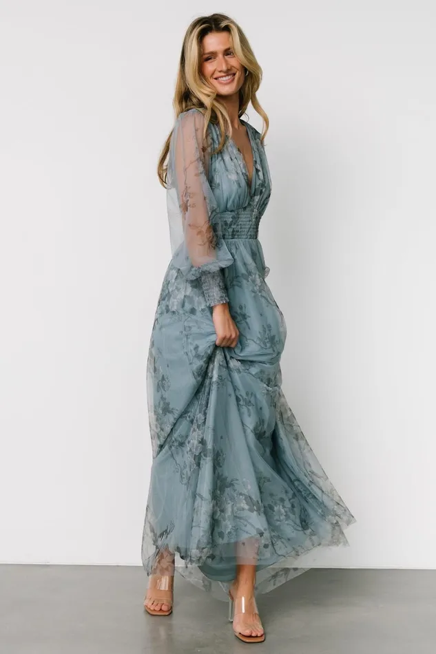 Layla Tulle Maxi Dress Dusty Blue Floral Women Baltic Born Wedding Guest
