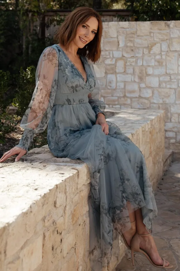 Layla Tulle Maxi Dress Dusty Blue Floral Women Baltic Born Wedding Guest