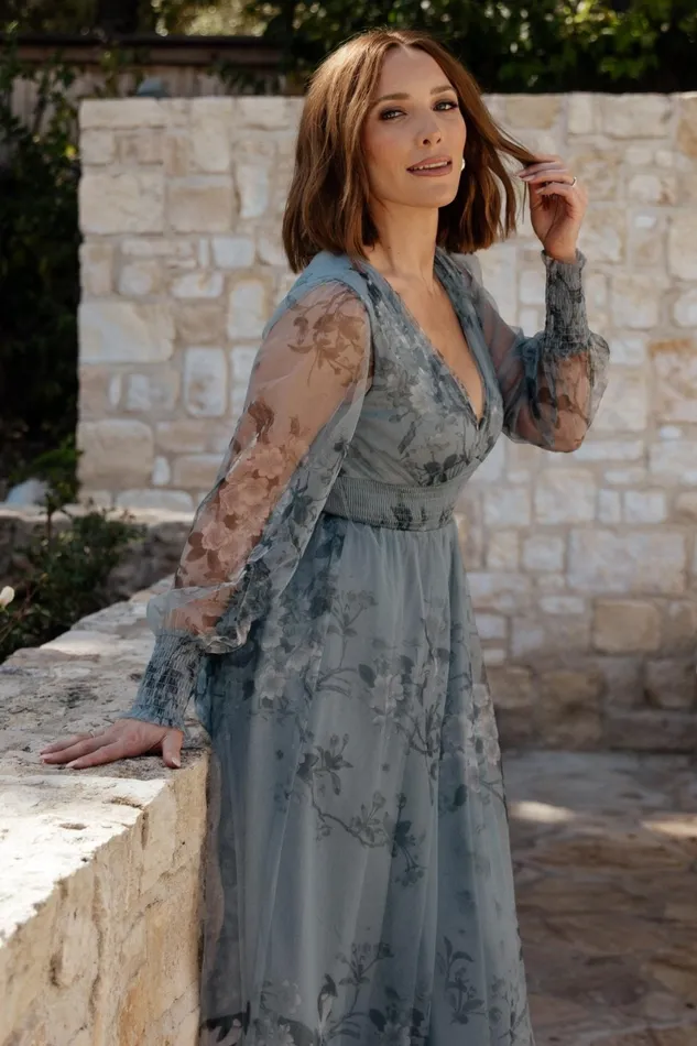 Layla Tulle Maxi Dress Dusty Blue Floral Women Baltic Born Wedding Guest