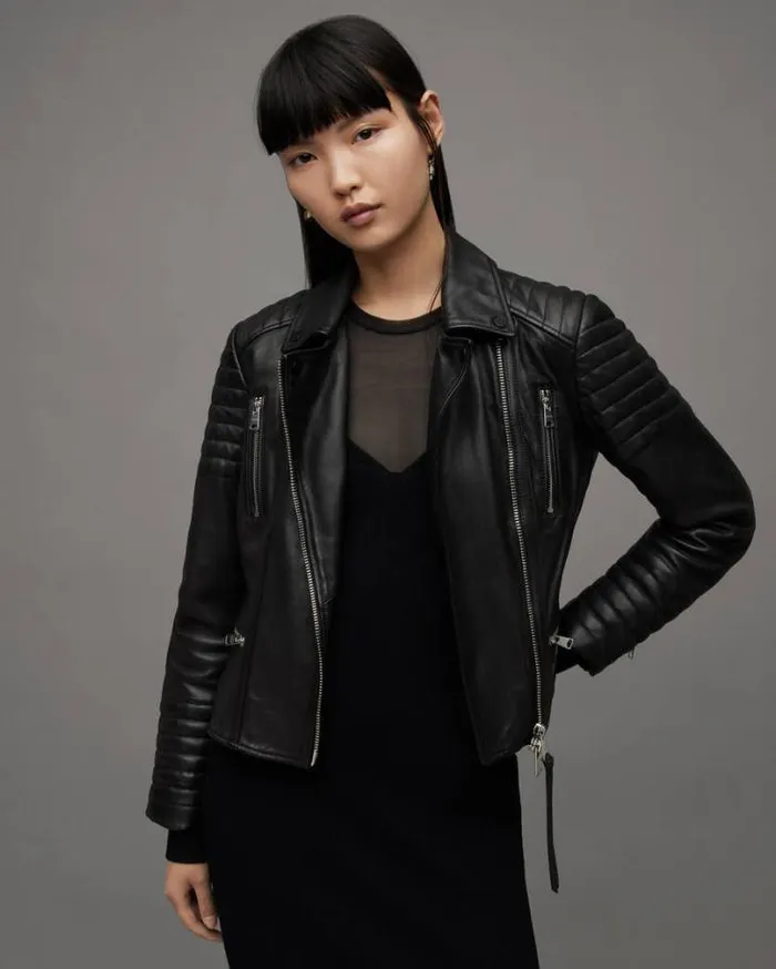 Leoni Leather Biker Jacket Black Women AllSaints Jackets and Coats