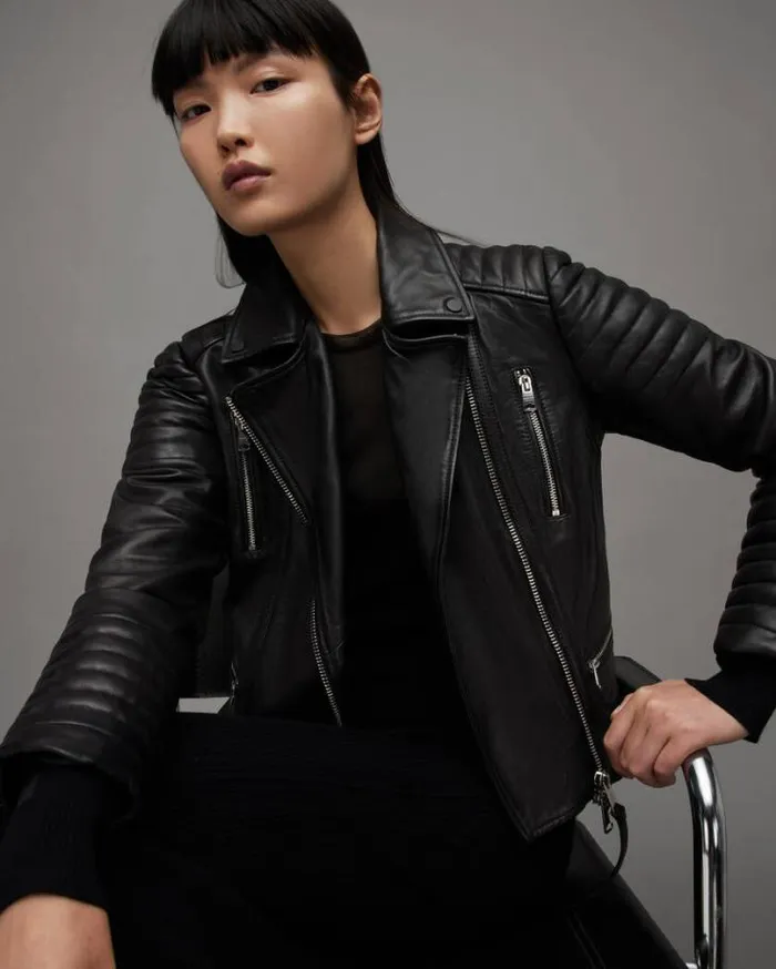 Leoni Leather Biker Jacket Black Women AllSaints Jackets and Coats