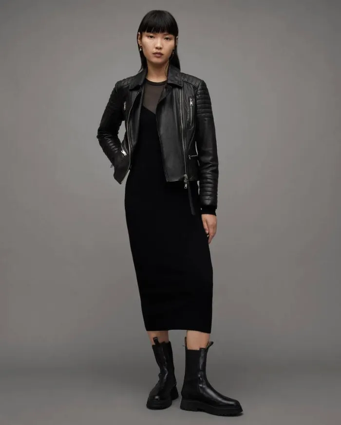 Leoni Leather Biker Jacket Black Women AllSaints Jackets and Coats