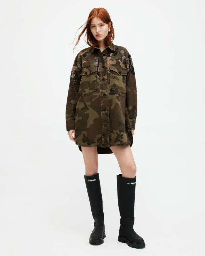 Lily Oversized Camouflage Shacket Dress Khaki Green Women AllSaints Dresses