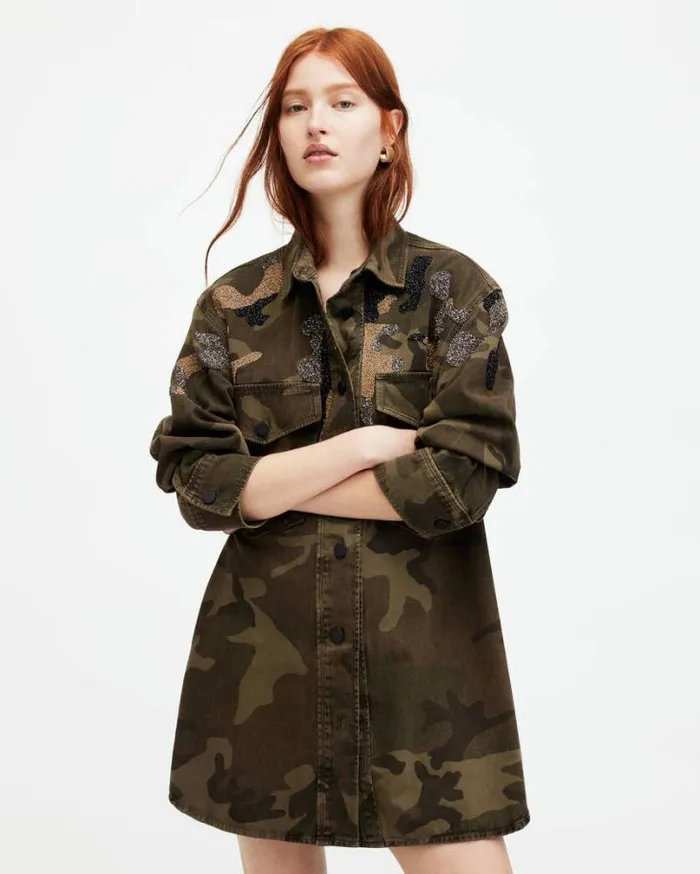 Lily Oversized Camouflage Shacket Dress Khaki Green Women AllSaints Dresses