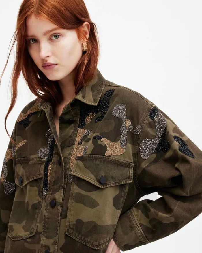 Lily Oversized Camouflage Shacket Dress Khaki Green Women AllSaints Dresses