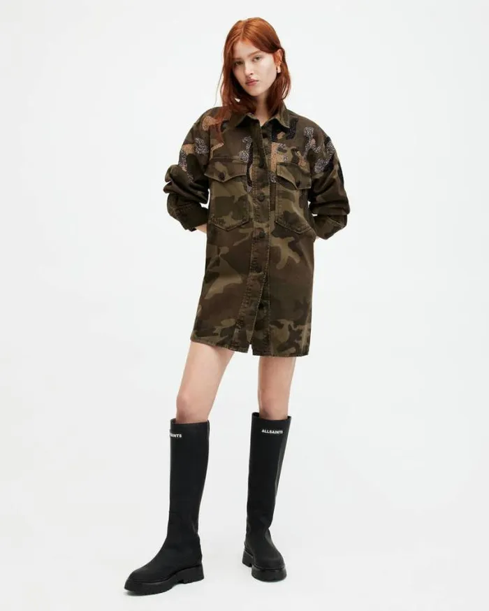 Lily Oversized Camouflage Shacket Dress Khaki Green Women AllSaints Dresses