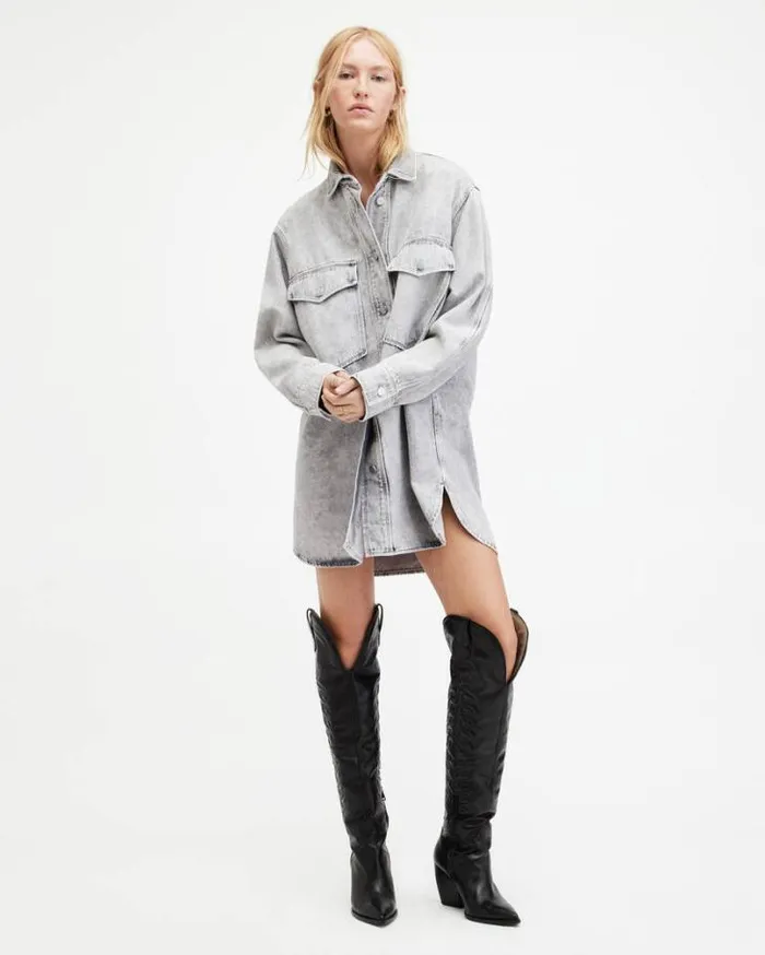 Lily Oversized Denim Shacket Dress Snow Grey Women AllSaints Dresses