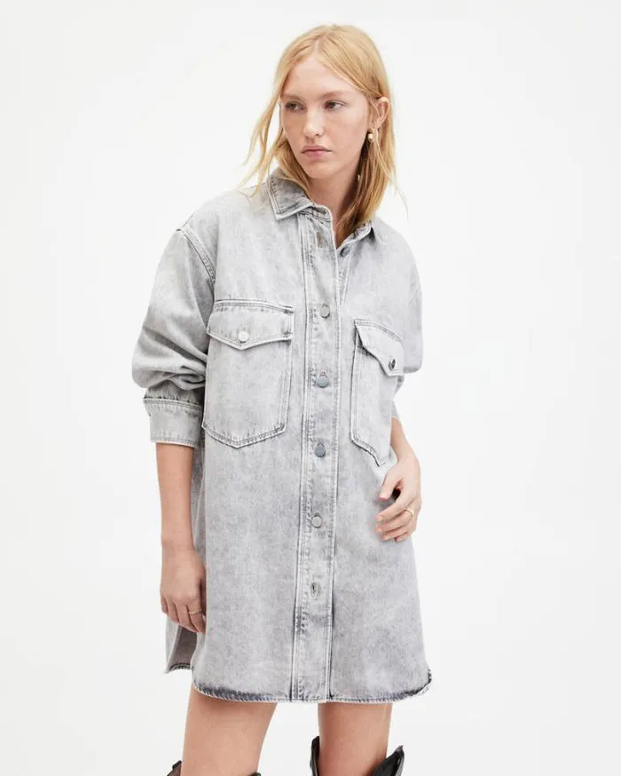 Lily Oversized Denim Shacket Dress Snow Grey Women AllSaints Dresses