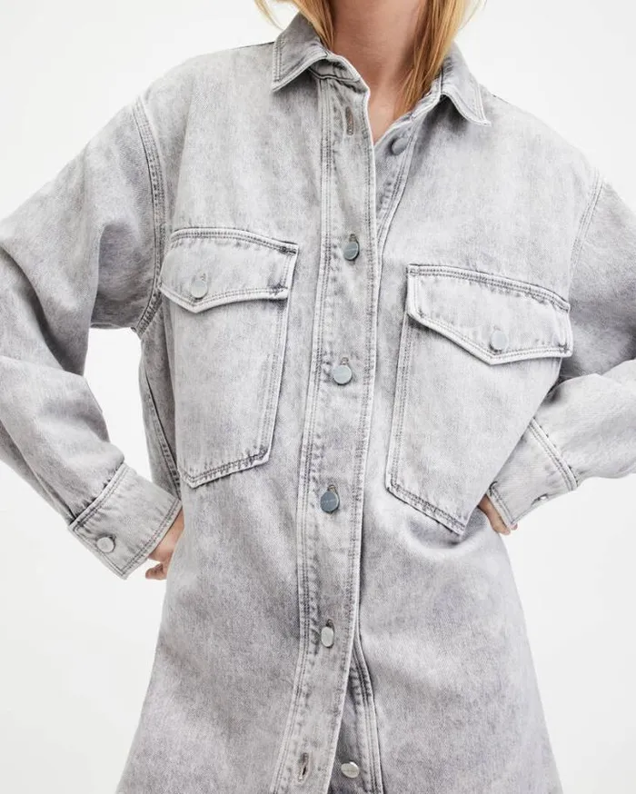 Lily Oversized Denim Shacket Dress Snow Grey Women AllSaints Dresses