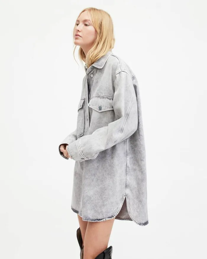 Lily Oversized Denim Shacket Dress Snow Grey Women AllSaints Dresses