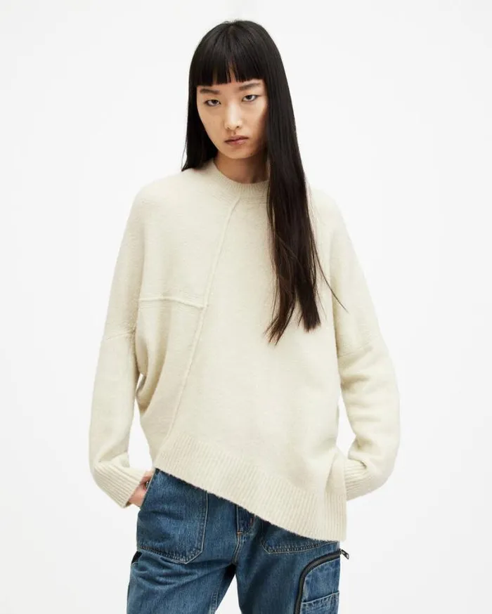 Lock Crew Neck Asymmetric Sweater Muted Green Women AllSaints Sweaters