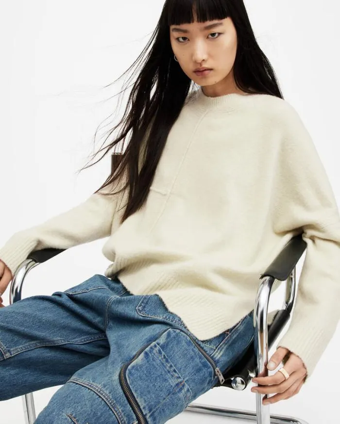Lock Crew Neck Asymmetric Sweater Muted Green Women AllSaints Sweaters