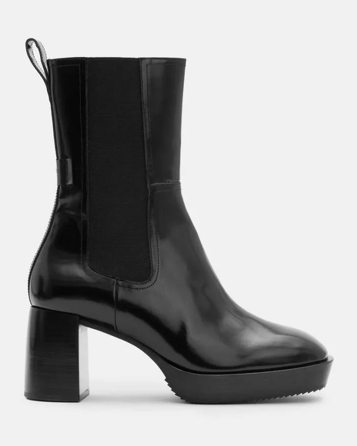 Lottie Heeled Slip On Leather Boots Black Shine Women AllSaints Shoes and Boots
