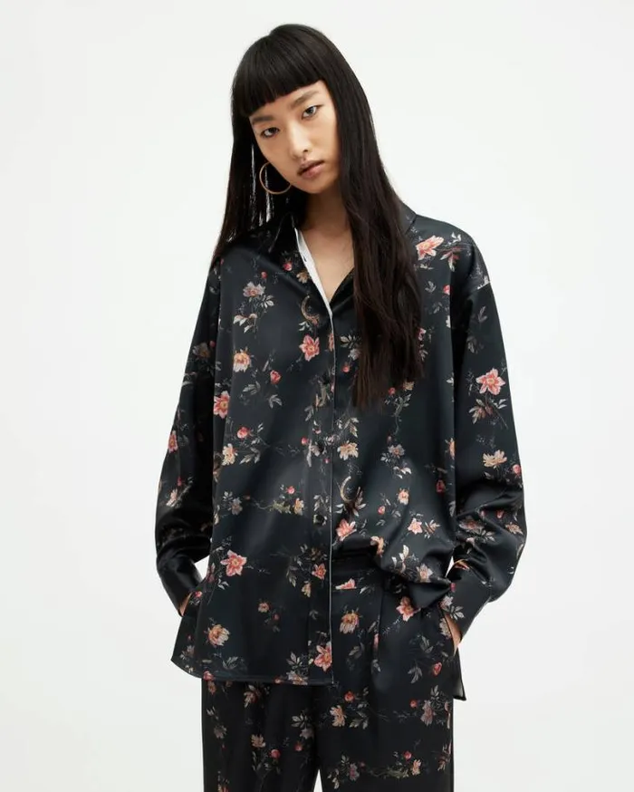 Louisa Tanana Floral Print Relaxed Shirt Black Women AllSaints Tops and Shirts