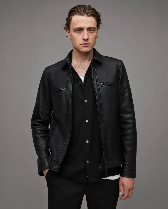 Luck Zip Up Leather Jacket Black Men AllSaints Leather Jackets