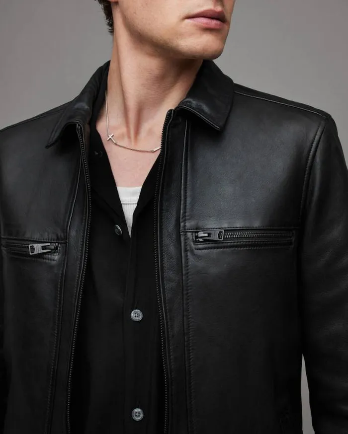 Luck Zip Up Leather Jacket Black Men AllSaints Leather Jackets