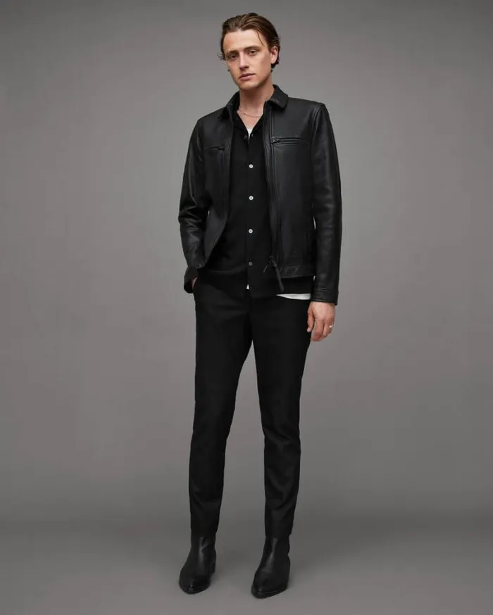 Luck Zip Up Leather Jacket Black Men AllSaints Leather Jackets