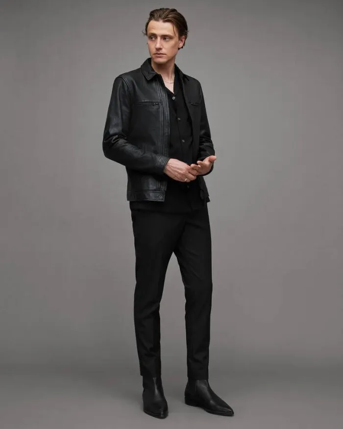 Luck Zip Up Leather Jacket Black Men AllSaints Leather Jackets