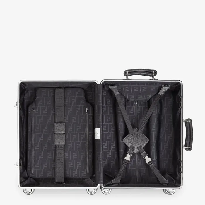 Man Aluminium Trolley Case With Leather Details Grey Fendi Travel Bags