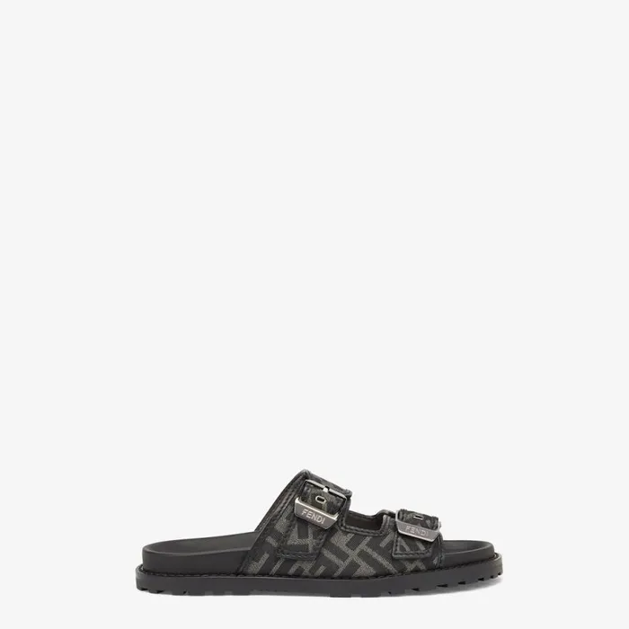Man Black Leather And Fabric Sandals Black Fendi Slides and Sandals