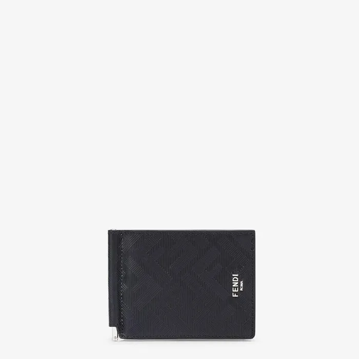 Man Black Leather Money Clip Black Fendi Wallets