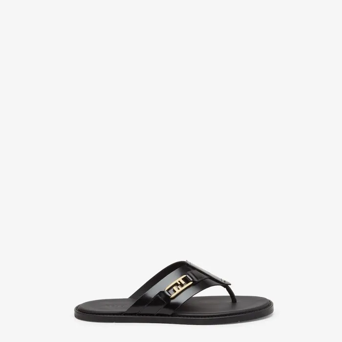 Man Black Leather Sandals Black Fendi Slides and Sandals