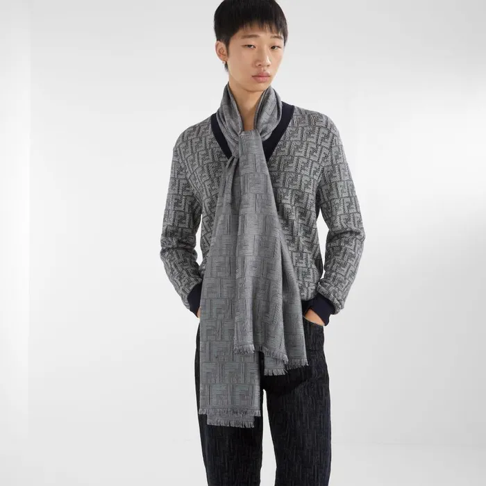 Man Blue Wool And Silk Scarf Blue Fendi Scarves