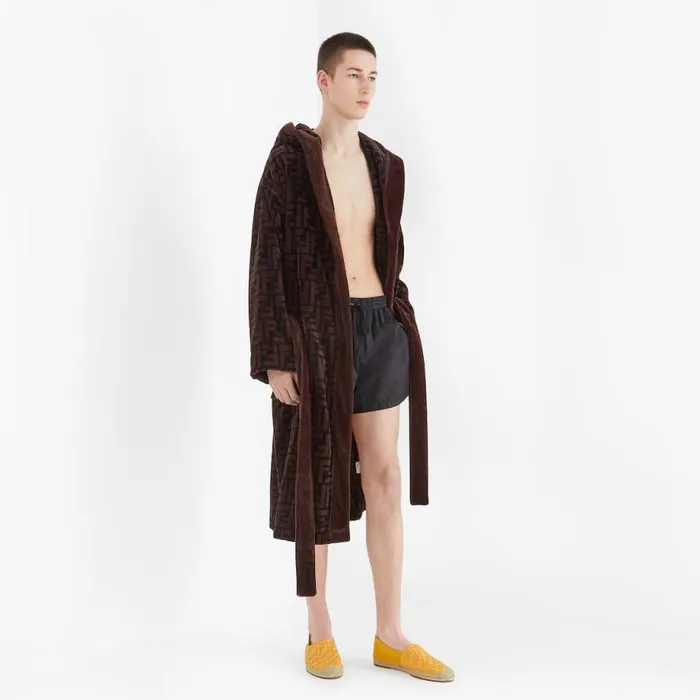 Man Brown Cotton Bathrobe Brown Fendi Swimwear