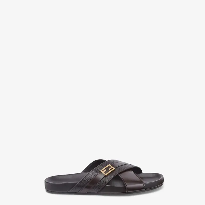 Man Brown Leather Slides Brown Fendi Slides and Sandals