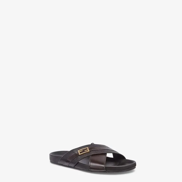 Man Brown Leather Slides Brown Fendi Slides and Sandals