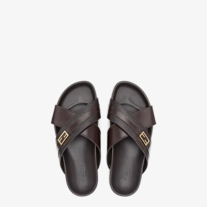 Man Brown Leather Slides Brown Fendi Slides and Sandals