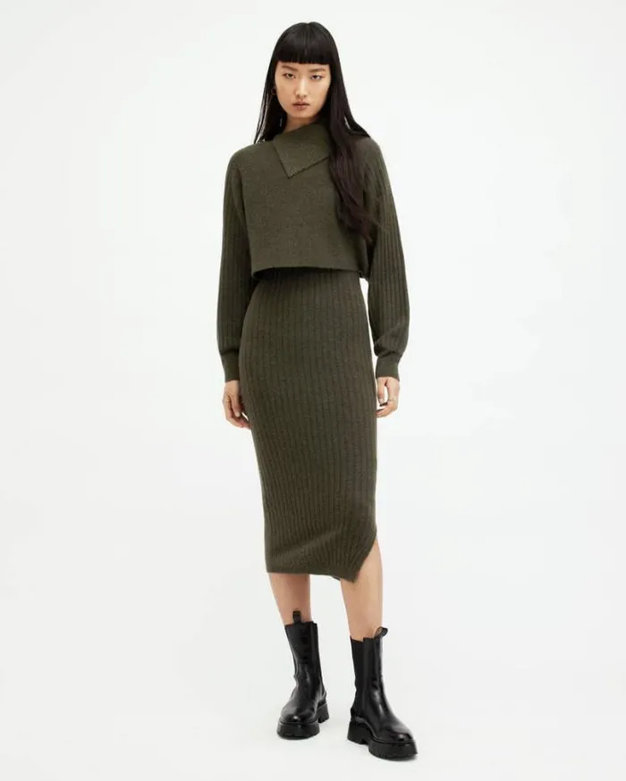 Margetta 2In1 Ribbed Midi Dress Khaki Green Women AllSaints Dresses